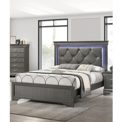 Dark Gray Faux Leather Tufted Headboard 1pc Queen Size Bed W LED Bedroom Furniture Gray Unique Texture FB Solid Wood - ACCA General  Merchandise