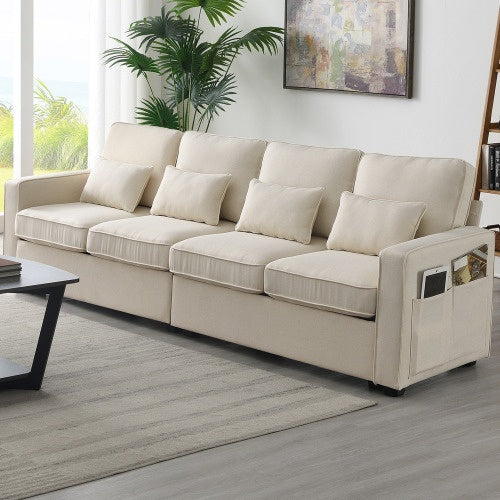 Seater Modern Linen Fabric Sofa with Armrest Pockets And 4 Pillows