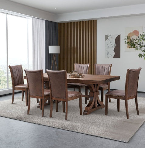 Rectangular Rubber Wood Dining Table For 6-8 With Wooden Trestle Pedestal Base