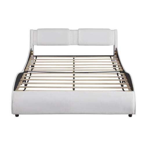 Queen Size Upholstered Faux Leather Platform Bed With LED Light Bed Frame With Slatted - White - ACCA General  Merchandise