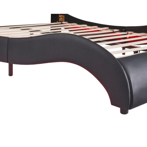 Full Size Upholstered Faux Leather Platform Bed With LED Light Bed Frame With Slatted - Black - ACCA General  Merchandise
