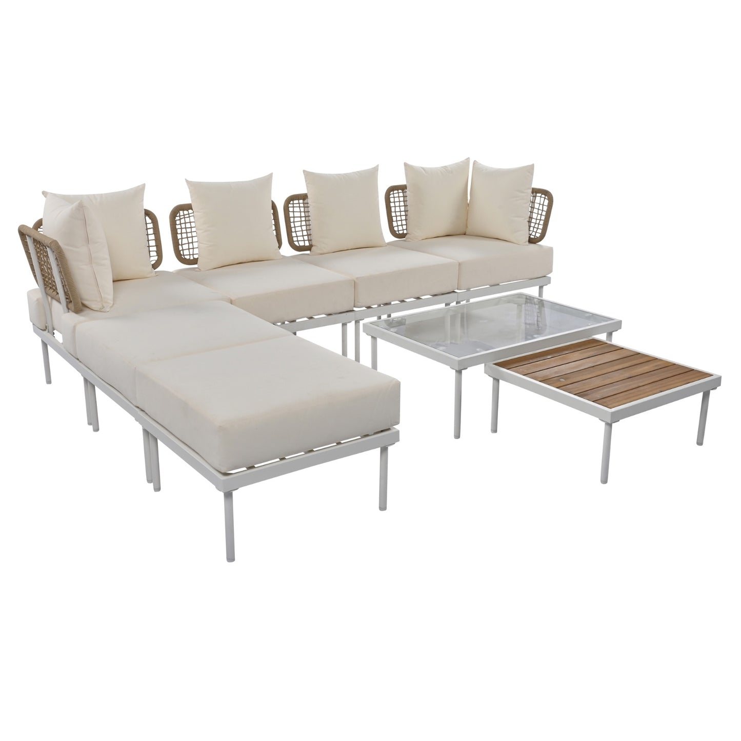 TREXM 8-Piece Outdoor Patio Sectional Sofa Set- with Tempered Glass & Wooden Coffee Tables