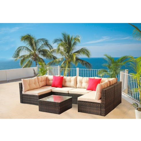 7- Piece Patio Furniture Set/ PE Rattan Garden Corner Sofa