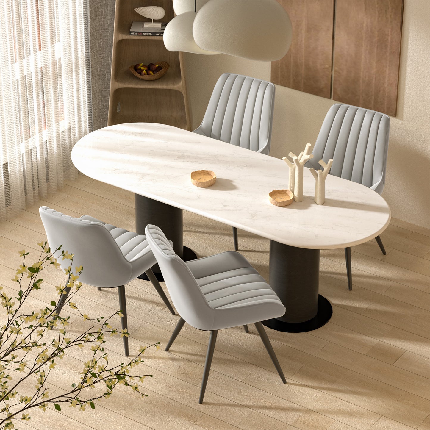 Soft Suede Fabric Cushioned Chairs with Rectangular Dinner Table