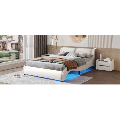 Queen Size Upholstered Faux Leather Platform Bed With LED Light Bed Frame With Slatted - White - ACCA General  Merchandise