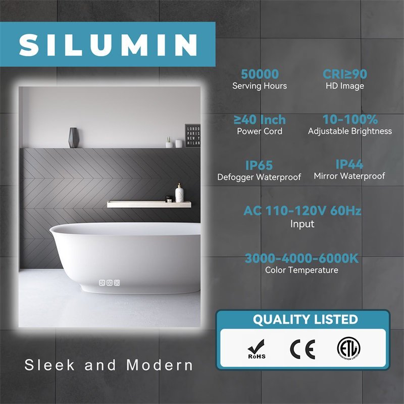 LED Bathroom Mirror Bright Backlight, 5 Mins Defog, Full HD Reflected Wall Mounted Vanity Mirror, 3 Colors Stepless Dimmable, CRI90, Memory Function, Anti-Fog