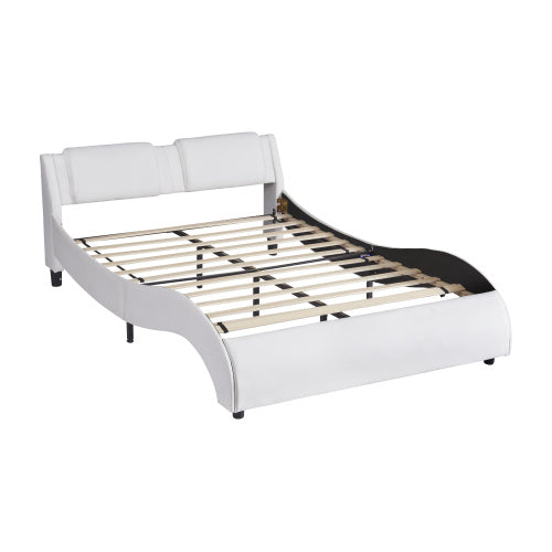 Queen Size Upholstered Faux Leather Platform Bed With LED Light Bed Frame With Slatted - White - ACCA General  Merchandise