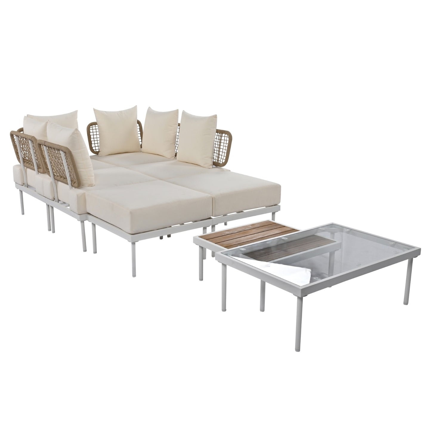 TREXM 8-Piece Outdoor Patio Sectional Sofa Set- with Tempered Glass & Wooden Coffee Tables