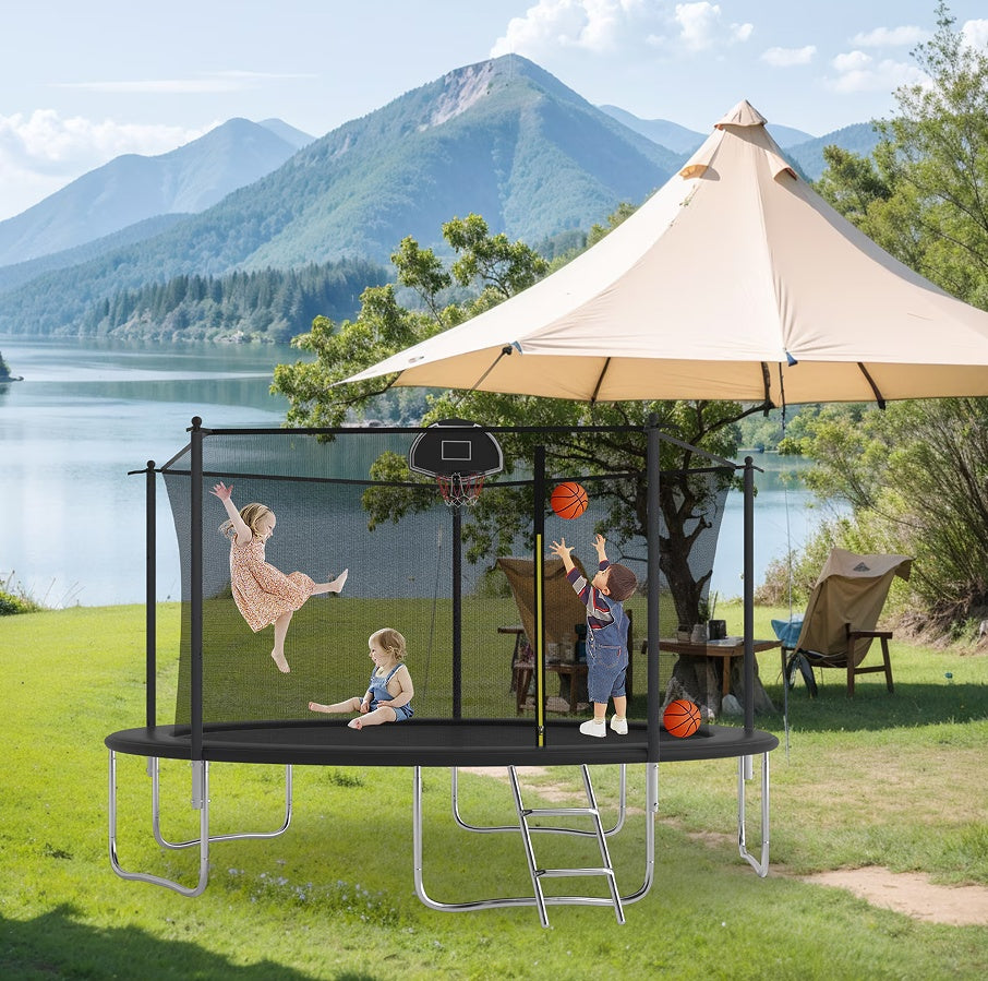 14 FT TRAMPOLINE INSIDE SAFETY NET WITH BASKETBALL HOOP