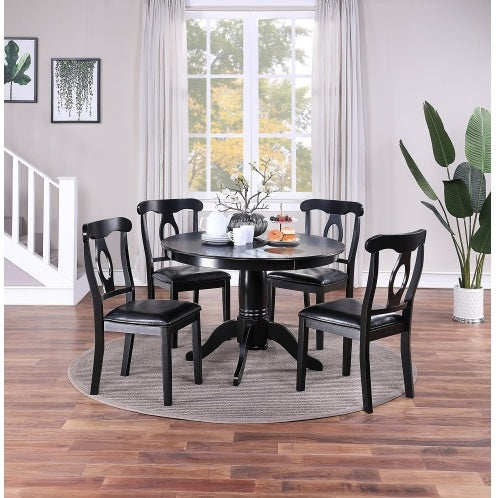 Dining Room 5pc Set Round Table 4x Side Chairs Cushion Fabric Upholstery Seat Rubberwood Black Color Furniture