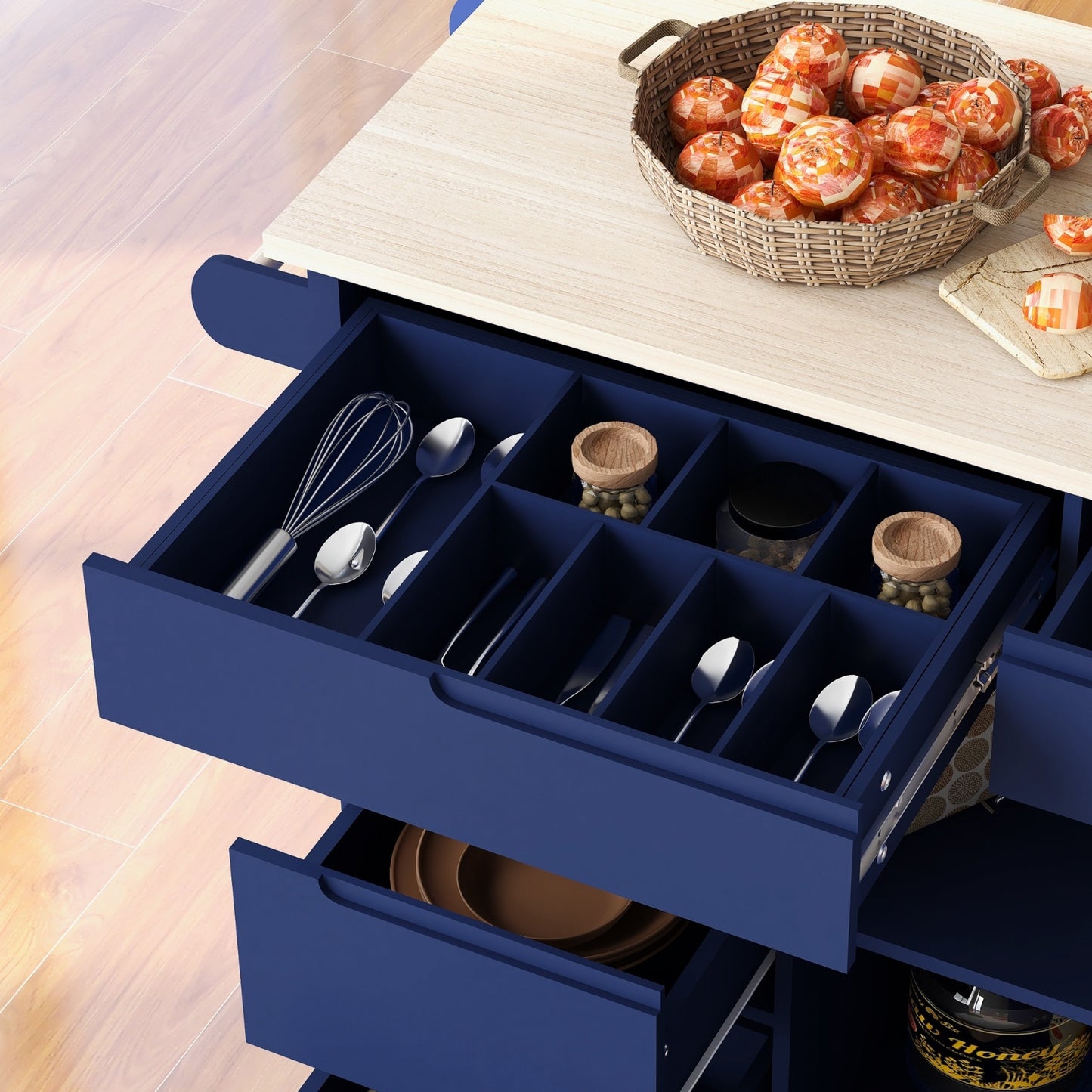 Store Kitchen Cart with Rubber Wood Top, 8 Handle-Free Drawers