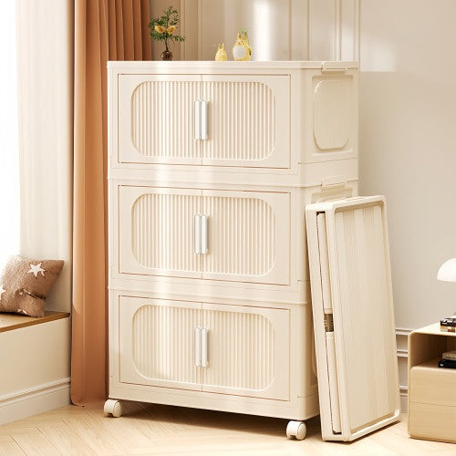 Cream White 19.69 Side Wide Folding Storage Cabinet ,3 Tiers,19.69x11.81x31.1, Collapsible Storage Bins with Magnetic Door, Plastic Storage Cabinet With Wheels
