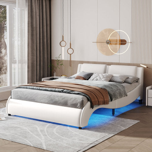 Queen Size Upholstered Faux Leather Platform Bed With LED Light Bed Frame With Slatted - White - ACCA General  Merchandise