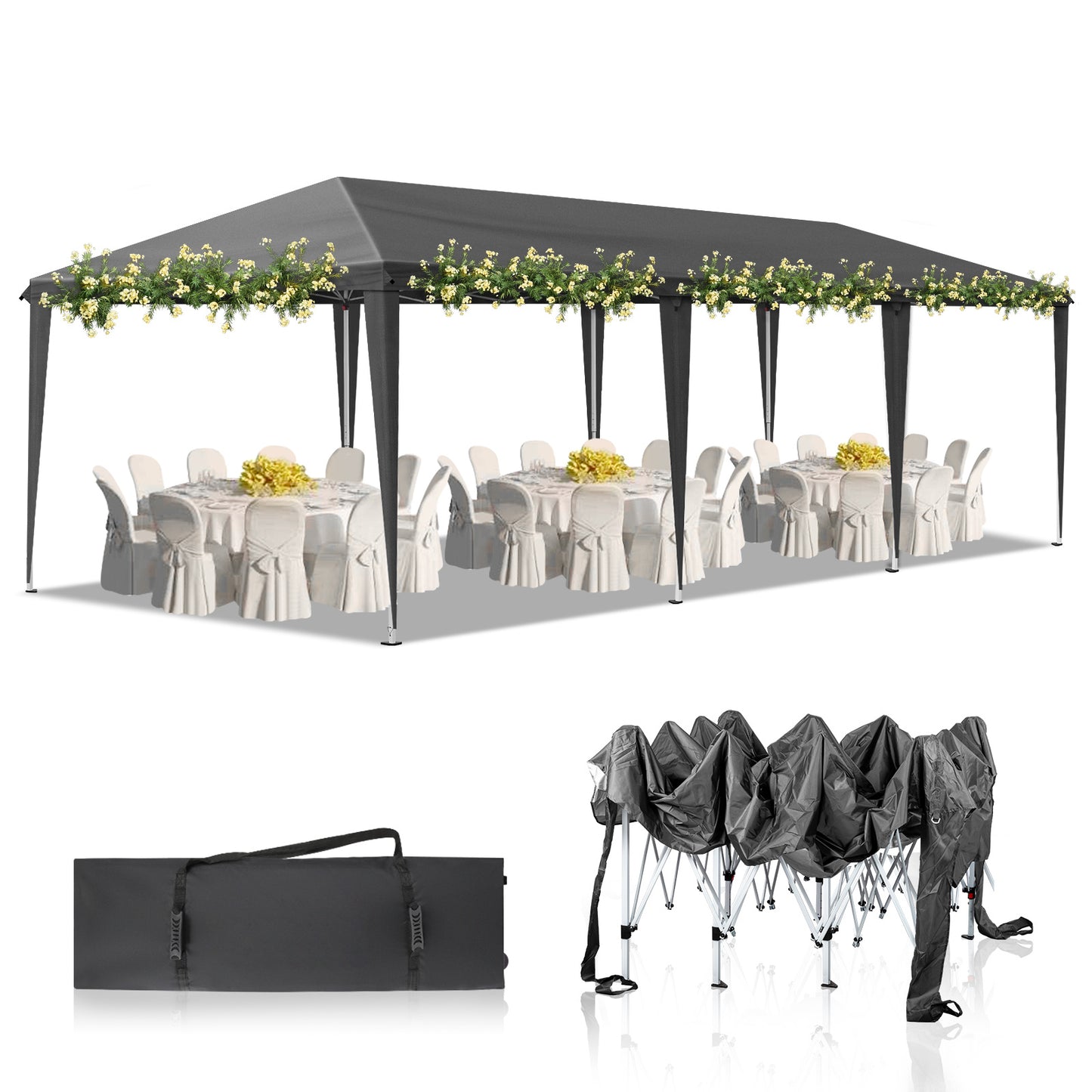 10x30ft Dark Grey, No Fence, Folding Shed Oxford Cloth White Spray Plastic Frame With 8 Sandbags With Tug Bag