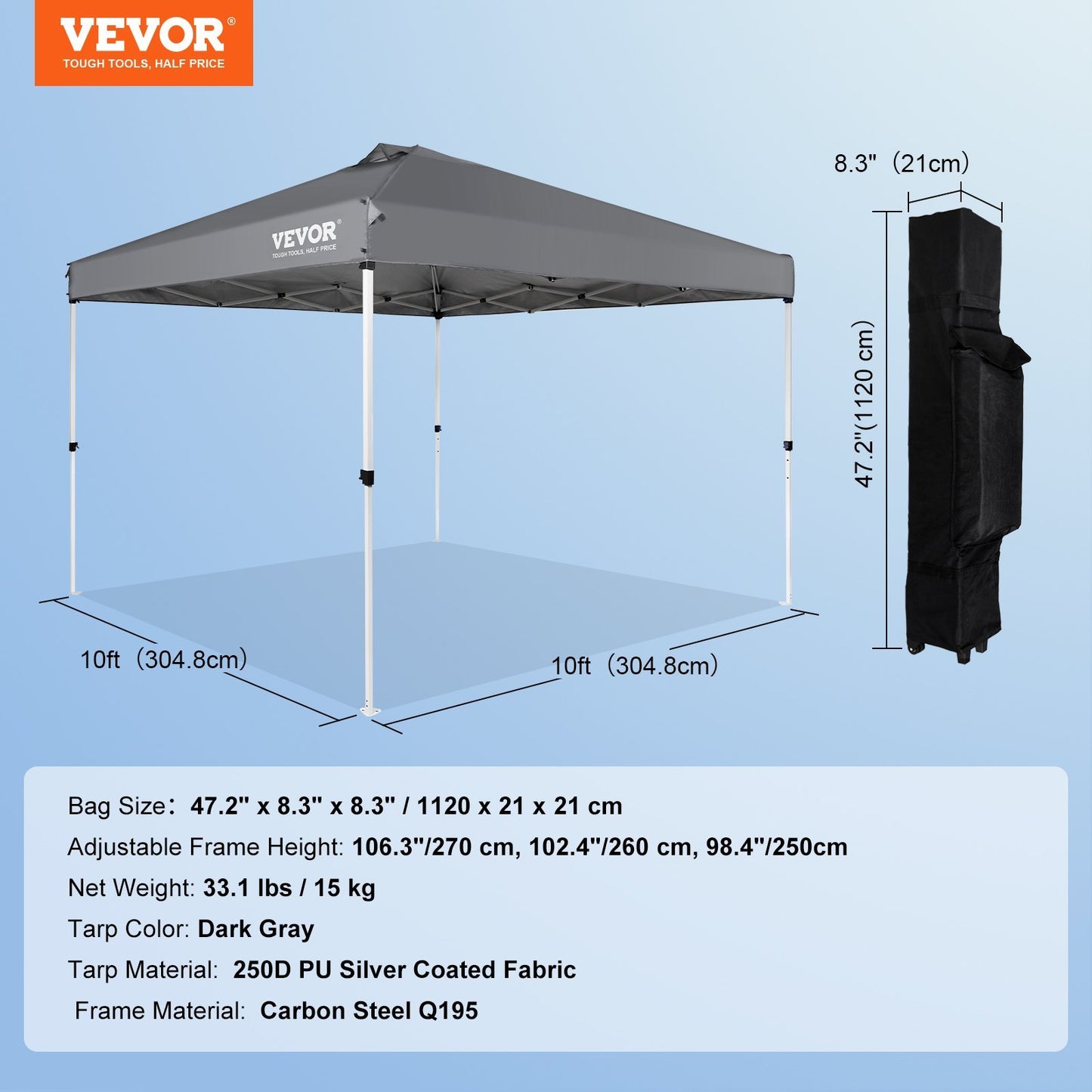 VEVOR Pop Up Canopy Tent, 10 X 10 Ft, 250 D PU Silver Coated Tarp, With Portable Roller Bag And 4 Sandbags, Waterproof And Sun Shelter Gazebo For Outdoor Party, Camping, Commercial Events, Dark Gray