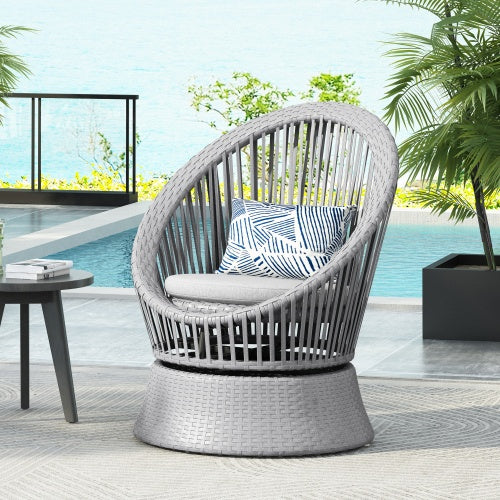 Modern Gray Wicker Lounge Chair with Rattan and Iron Fron Frame