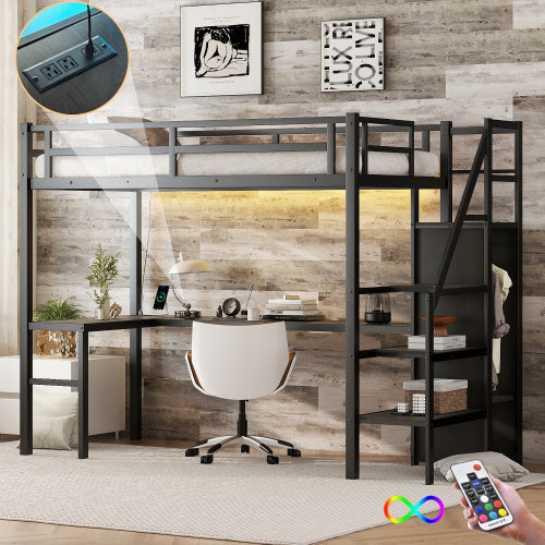 Twin XL Size Loft Bed With L-shaped Desk And USB, Metal Loft Bed With Wardrobe And Adjustable Shelf, High Loft Bed With LED For Kids Teens Adults, Black - ACCA General  Merchandise