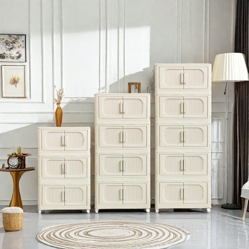 Cream White 19.69 Side Wide Folding Storage Cabinet ,3 Tiers,19.69x11.81x31.1, Collapsible Storage Bins with Magnetic Door, Plastic Storage Cabinet With Wheels