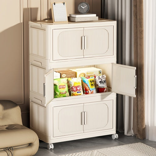 Cream White 19.69 Side Wide Folding Storage Cabinet ,3 Tiers,19.69x11.81x31.1, Collapsible Storage Bins with Magnetic Door, Plastic Storage Cabinet With Wheels