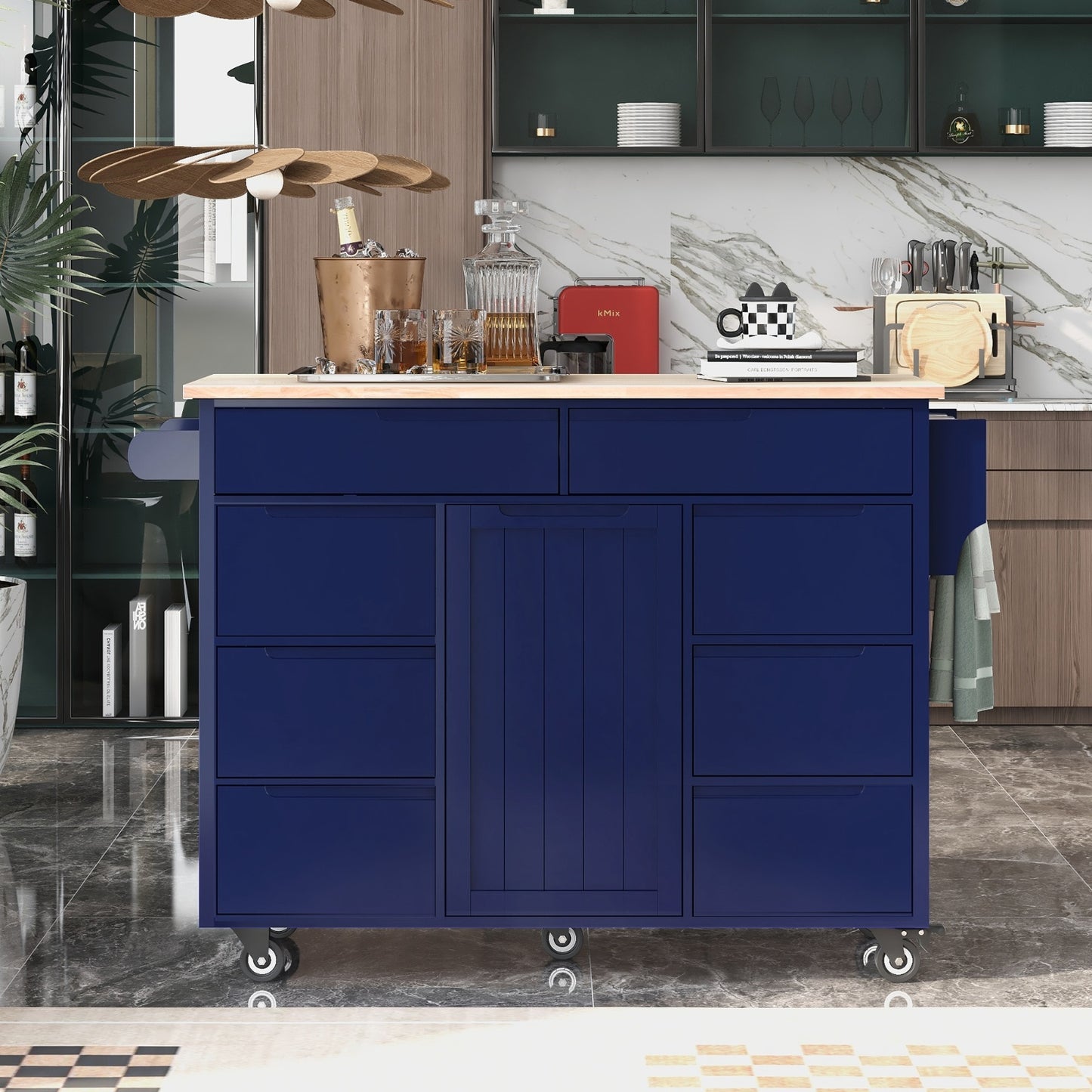 Store Kitchen Cart with Rubber Wood Top, 8 Handle-Free Drawers