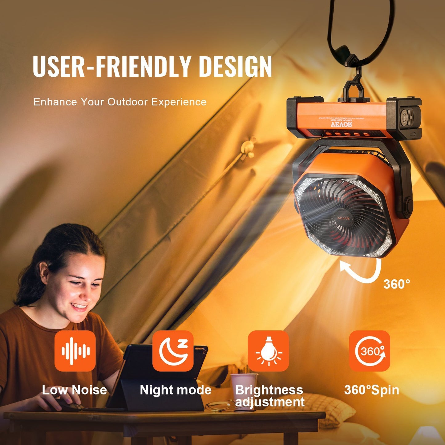 VEVOR Portable Fan Rechargeable 9 Inch, Battery Powered Fan With LED Lantern, 4 Speeds Adjustable  Automatic Swivel & Timer , USB Battery Operated Fans For Travel Bedroom Home Camping Office