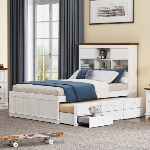Solid Pine Captain Bookcase Bed With Trundle Bed And 3 Spacious Under Bed Drawers In Casual,Full, White Walnut - ACCA General  Merchandise