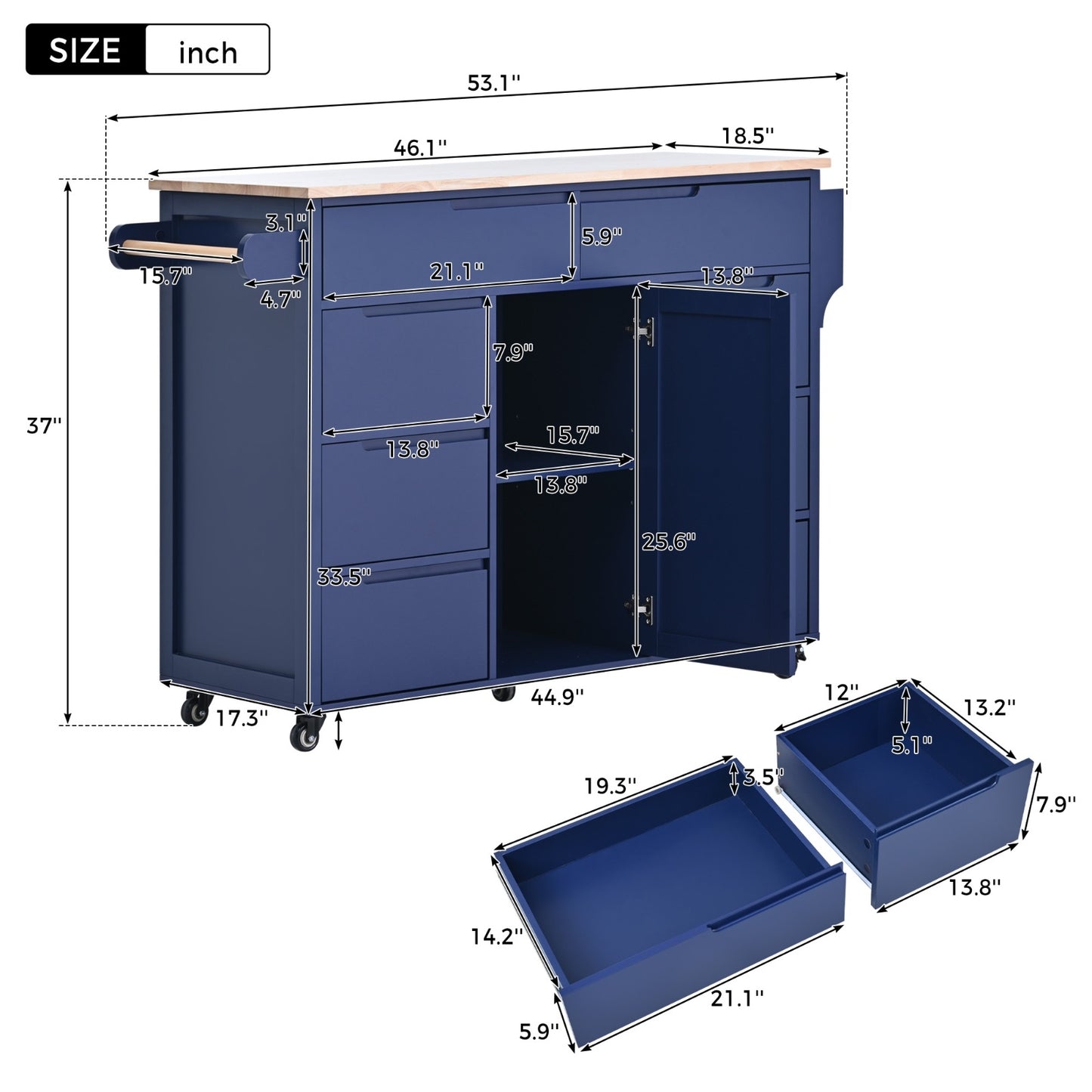 Store Kitchen Cart with Rubber Wood Top, 8 Handle-Free Drawers