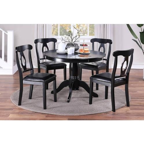 Dining Room 5pc Set Round Table 4x Side Chairs Cushion Fabric Upholstery Seat Rubberwood Black Color Furniture