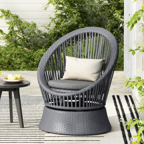 Modern Gray Wicker Lounge Chair with Rattan and Iron Fron Frame