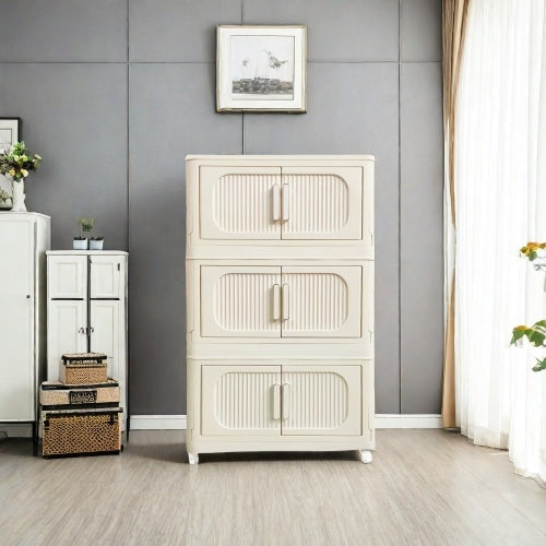 Cream White 19.69 Side Wide Folding Storage Cabinet ,3 Tiers,19.69x11.81x31.1, Collapsible Storage Bins with Magnetic Door, Plastic Storage Cabinet With Wheels