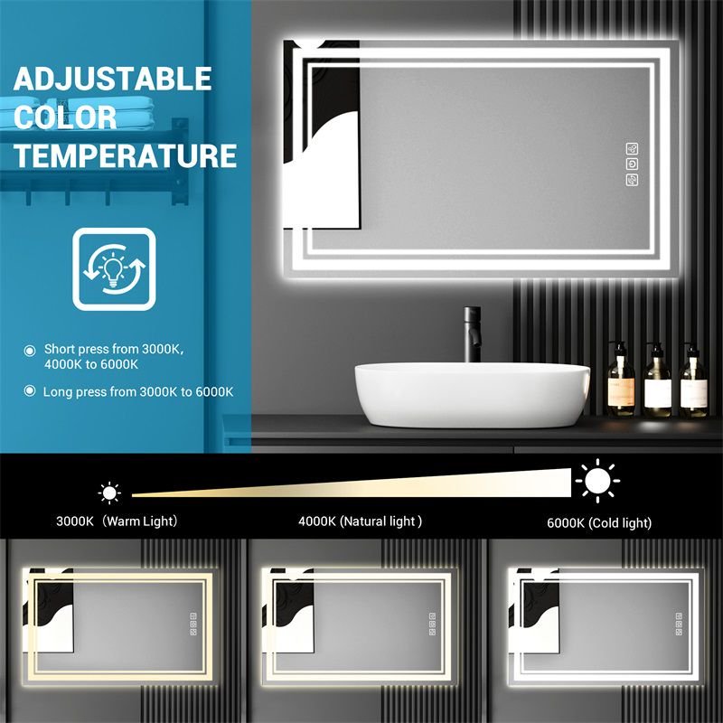 LED Bathroom Mirror With Lights Wall Vanity LED Mirror Stepless Dimmable, Double Front And Backlight, Anti-Fog, Memory Smart Mirror For Bathroom