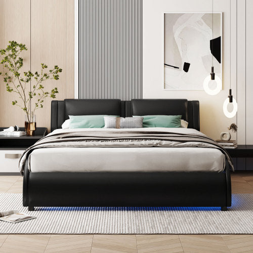 Full Size Upholstered Faux Leather Platform Bed With LED Light Bed Frame With Slatted - Black - ACCA General  Merchandise