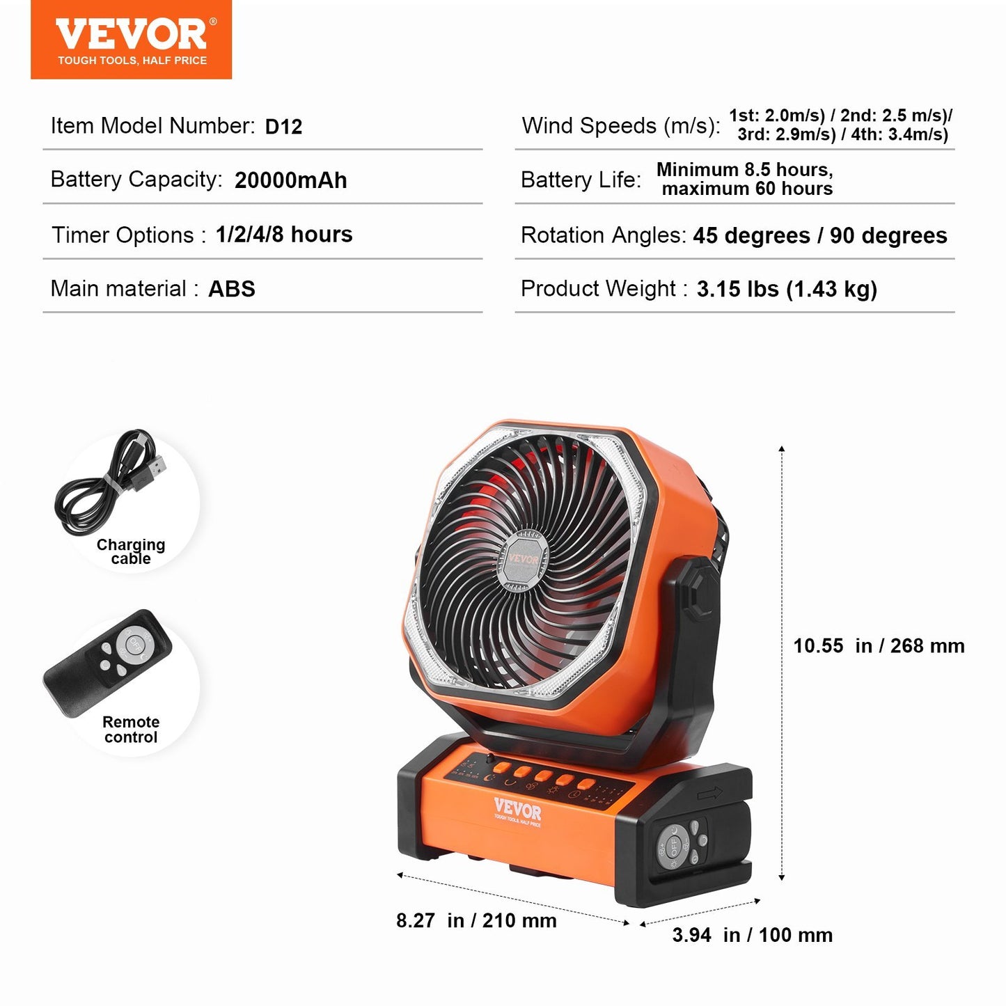 VEVOR Portable Fan Rechargeable 9 Inch, Battery Powered Fan With LED Lantern, 4 Speeds Adjustable  Automatic Swivel & Timer , USB Battery Operated Fans For Travel Bedroom Home Camping Office