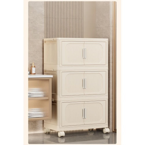 Cream White 19.69 Side Wide Folding Storage Cabinet ,3 Tiers,19.69x11.81x31.1, Collapsible Storage Bins with Magnetic Door, Plastic Storage Cabinet With Wheels