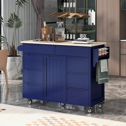 Store Kitchen Cart with Rubber Wood Top, 8 Handle-Free Drawers