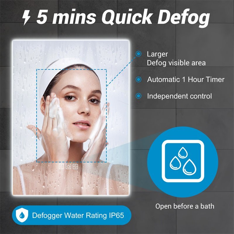 LED Bathroom Mirror Bright Backlight, 5 Mins Defog, Full HD Reflected Wall Mounted Vanity Mirror, 3 Colors Stepless Dimmable, CRI90, Memory Function, Anti-Fog